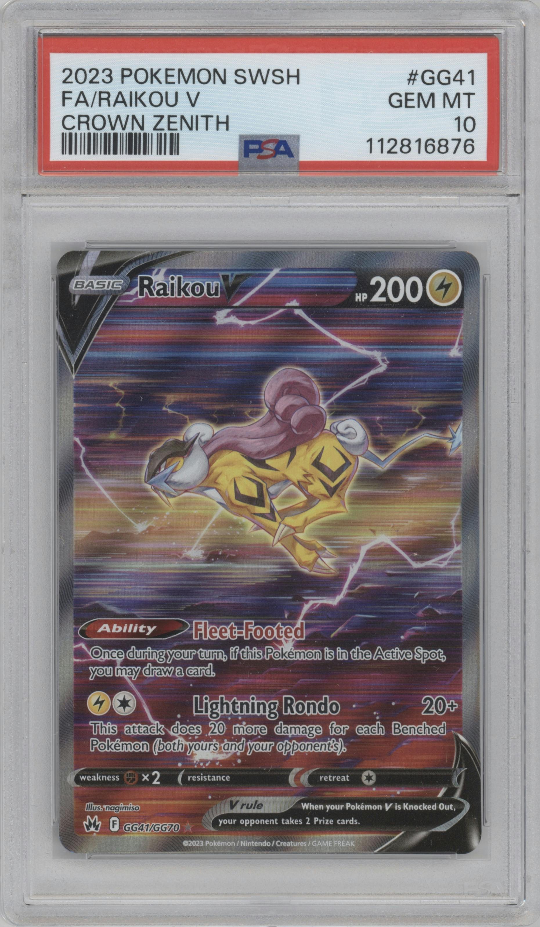 Raikou V from the 2023 Pokemon SWSH set graded by PSA and given an overall grade of 10.