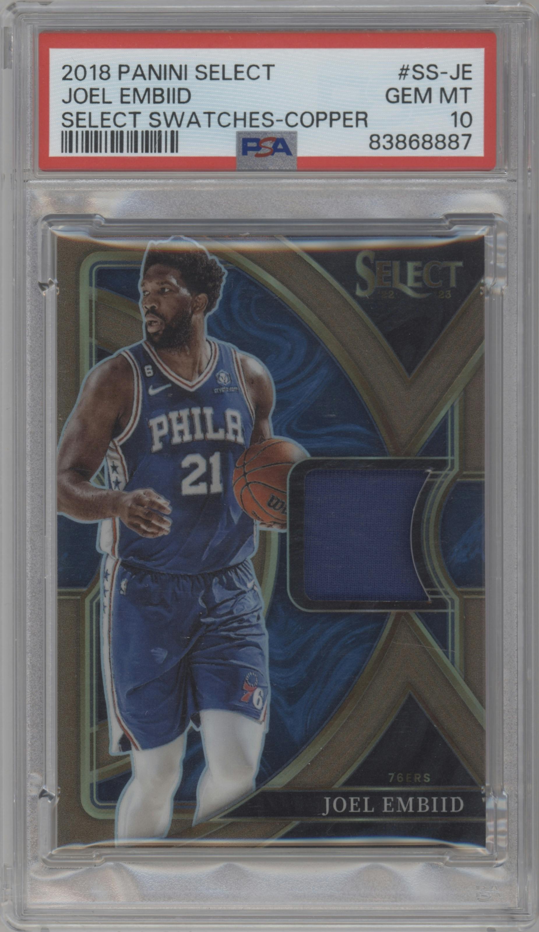 Joel Embiid from the 2022-23 Panini Select set featuring a Copper parallel graded by PSA and given an overall grade of 10.