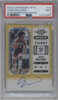 Jalen Williams from the 2022-23 Panini Contenders Optic set featuring a Gold Wave parallel graded by PSA and given an overall grade of 9.