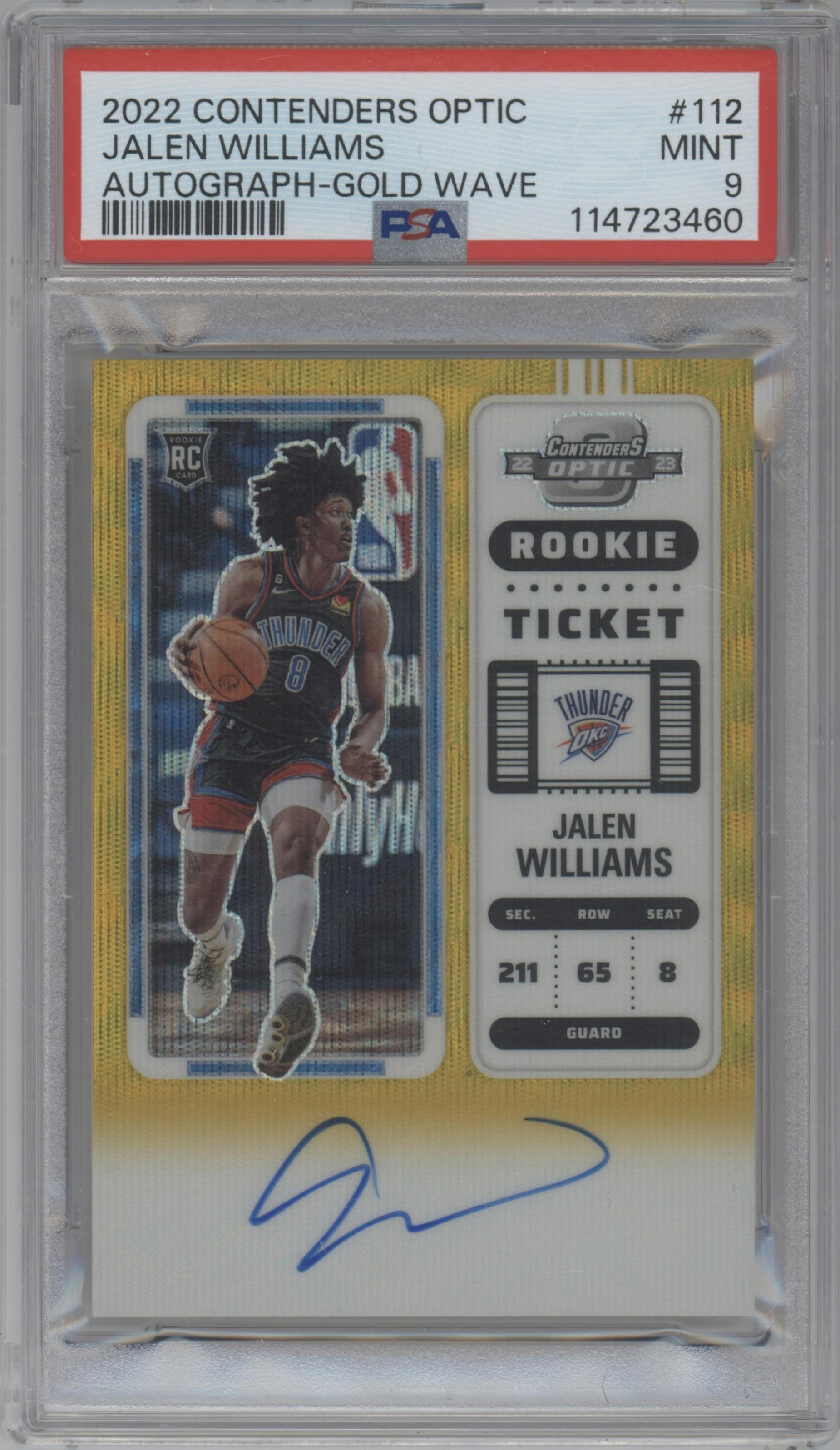 Jalen Williams from the 2022-23 Panini Contenders Optic set featuring a Gold Wave parallel graded by PSA and given an overall grade of 9.