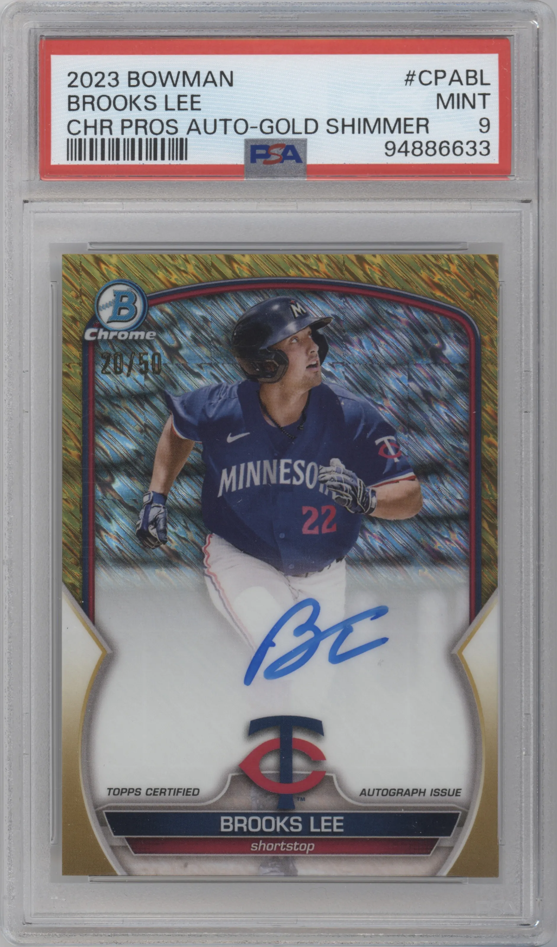 2023 Bowman Chr.Pros.Auto Brooks Lee Gold Shimmer Refractor PSA 9