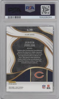 Justin Fields from the 2023 Panini Select set featuring a Dragon Scale parallel graded by PSA and given an overall grade of 10.