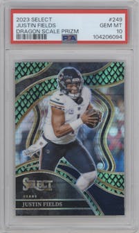 Justin Fields from the 2023 Panini Select set featuring a Dragon Scale parallel graded by PSA and given an overall grade of 10.