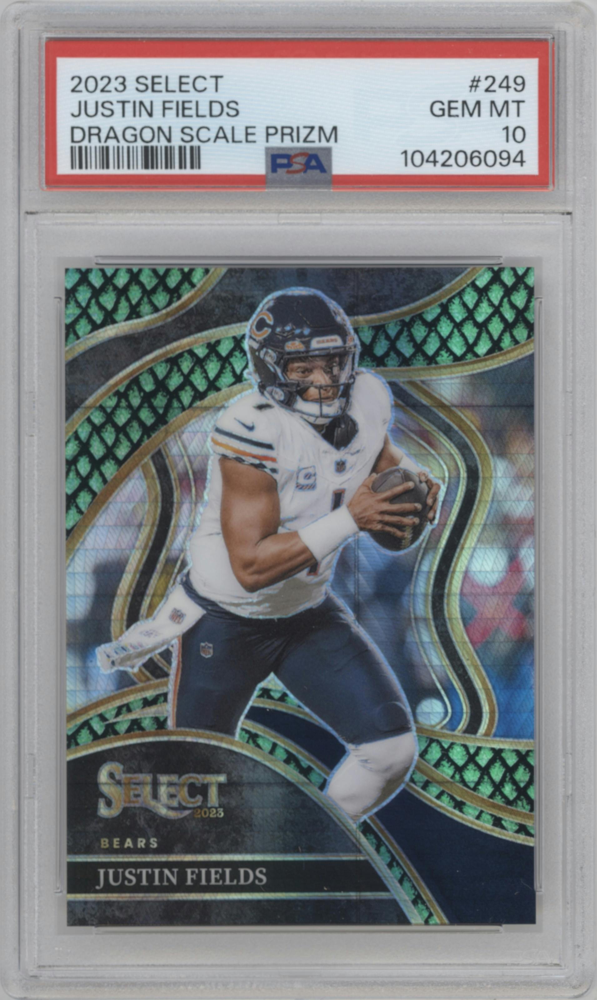Justin Fields from the 2023 Panini Select set featuring a Dragon Scale parallel graded by PSA and given an overall grade of 10.