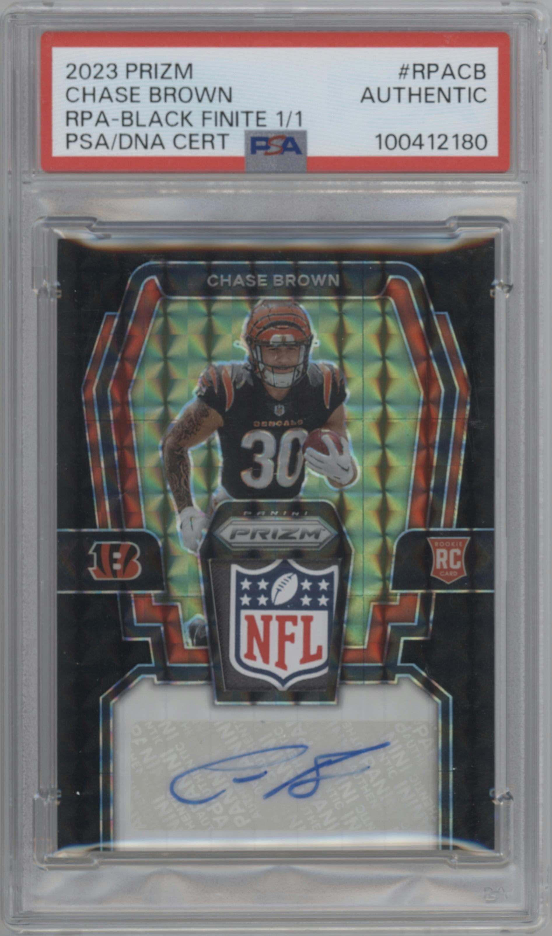 Chase Brown from the 2023 Panini Prizm set featuring a Black Finite parallel graded by PSA.