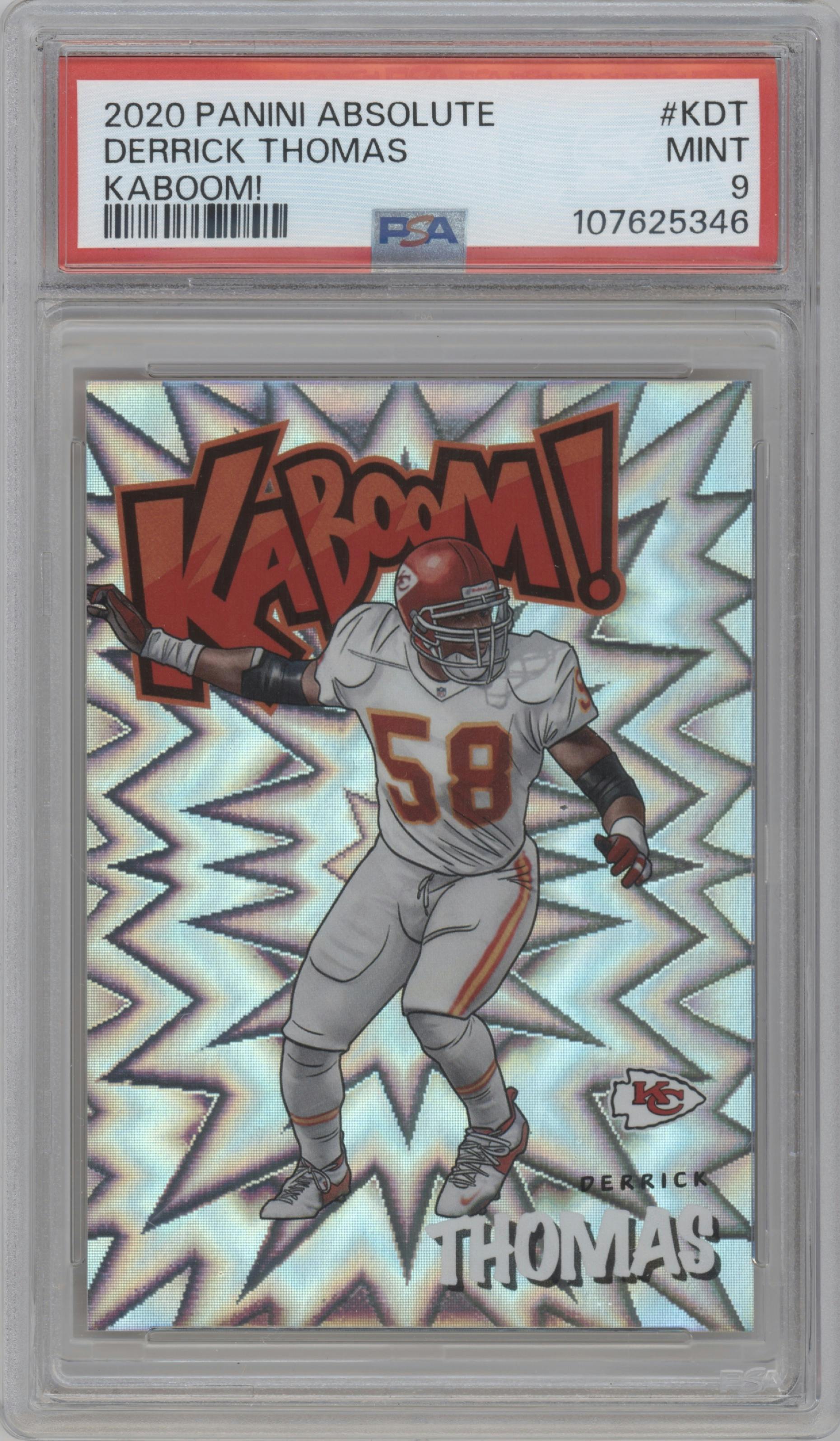 Derrick Thomas from the 2020 Panini Absolute set graded by PSA and given an overall grade of 9.