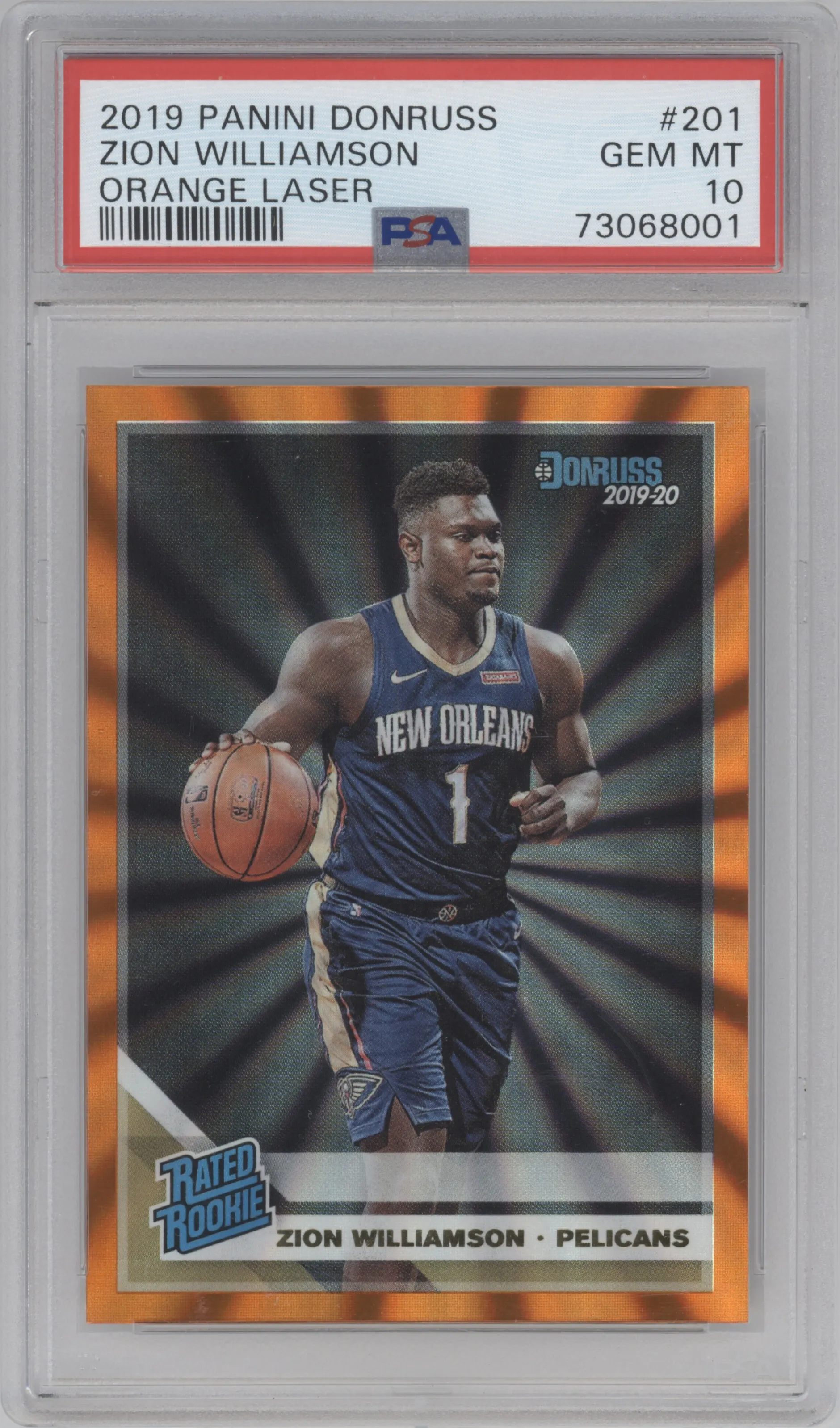 2019 Panini Donruss Rated Rookie Zion Williamson Orange Laser #201 PSA 10