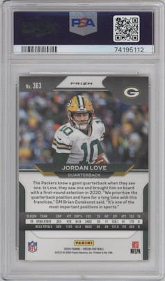 Jordan Love from the 2020 Panini Prizm set featuring a Lazer parallel graded by PSA and given an overall grade of 10.