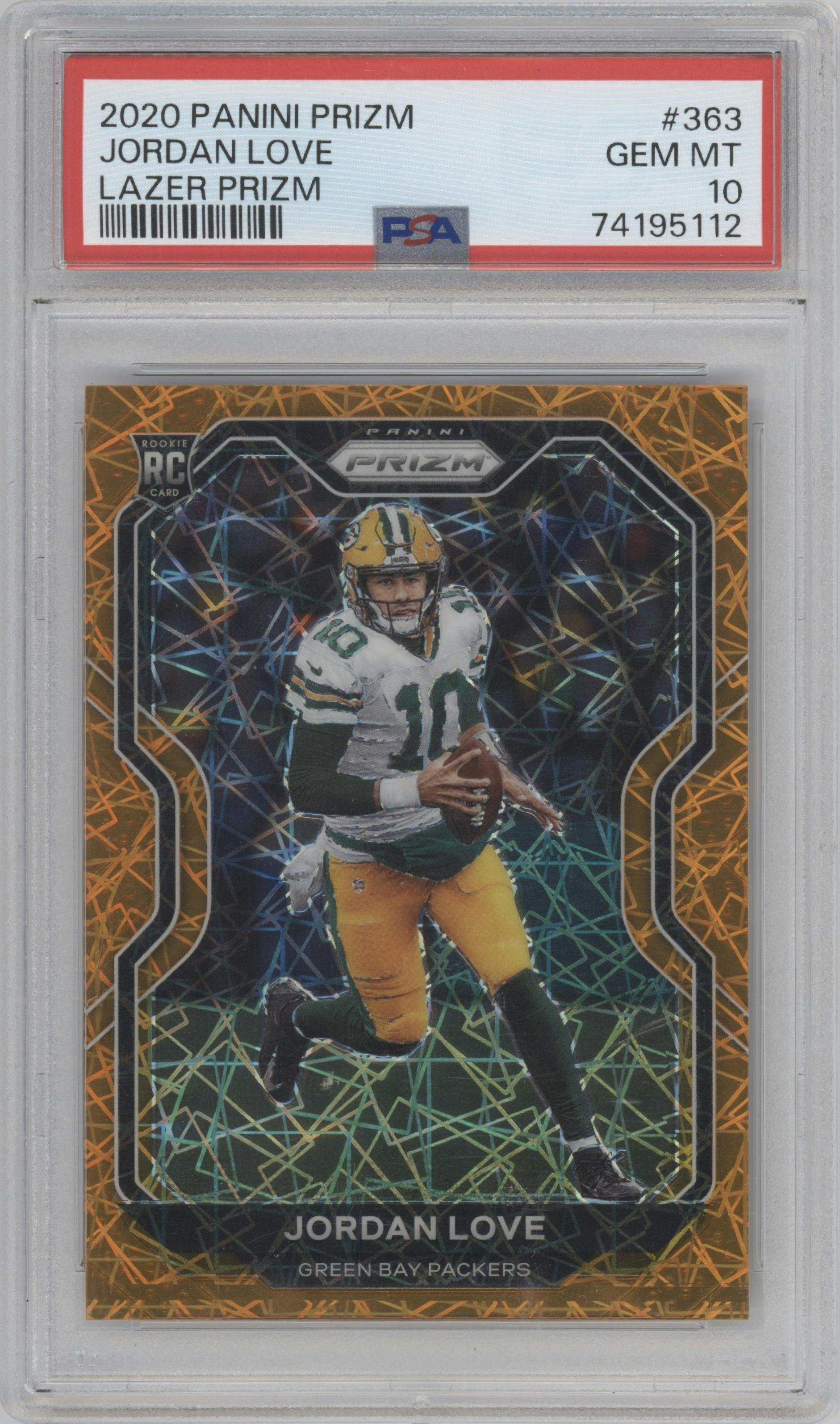 Jordan Love from the 2020 Panini Prizm set featuring a Lazer parallel graded by PSA and given an overall grade of 10.