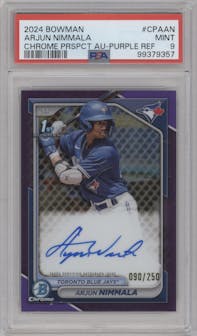 Arjun Nimmala from the 2024 Bowman set featuring a Purple Refractor parallel graded by PSA and given an overall grade of 9.