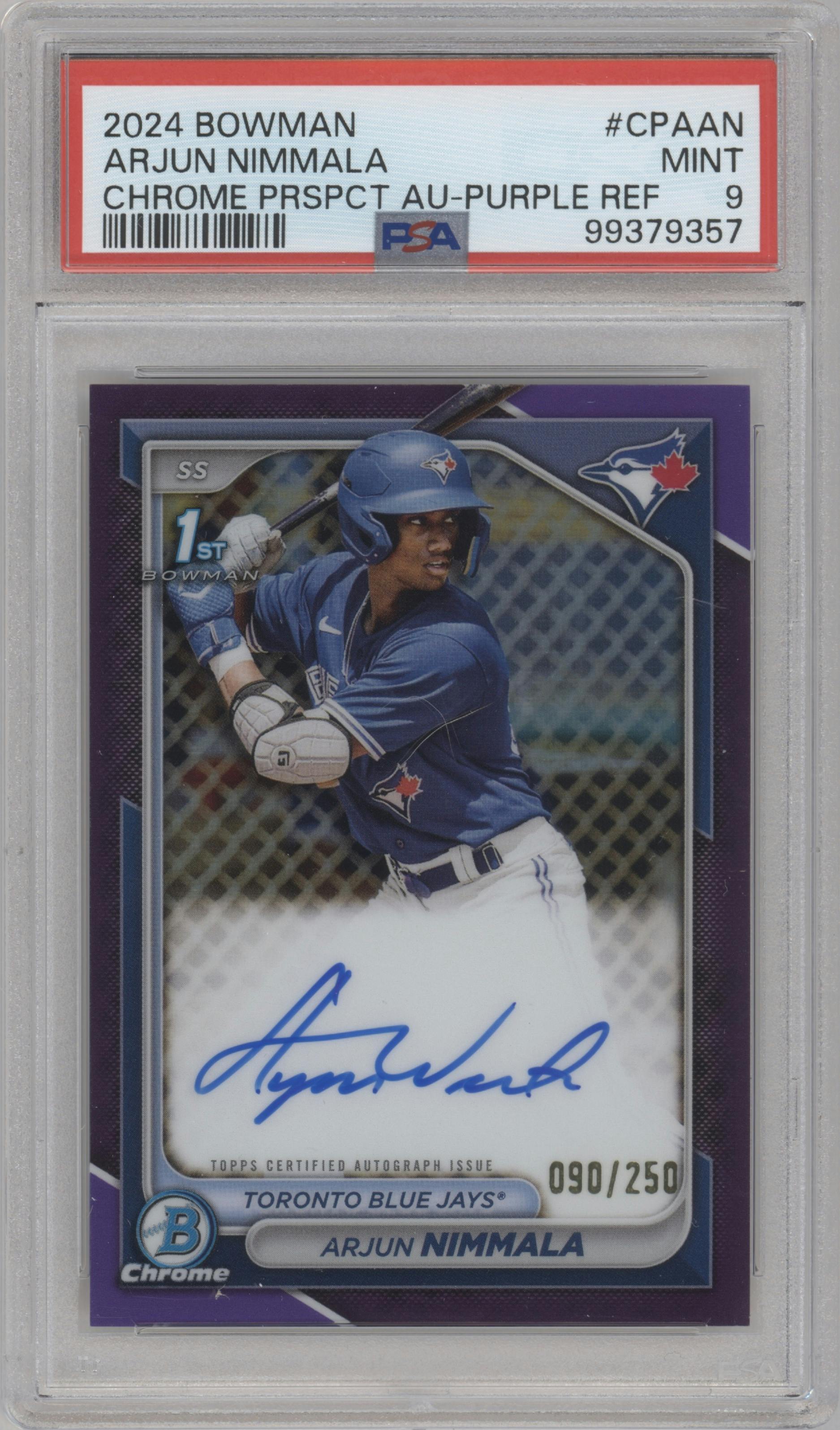 Arjun Nimmala from the 2024 Bowman set featuring a Purple Refractor parallel graded by PSA and given an overall grade of 9.