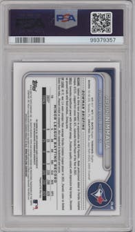 Arjun Nimmala from the 2024 Bowman set featuring a Purple Refractor parallel graded by PSA and given an overall grade of 9.
