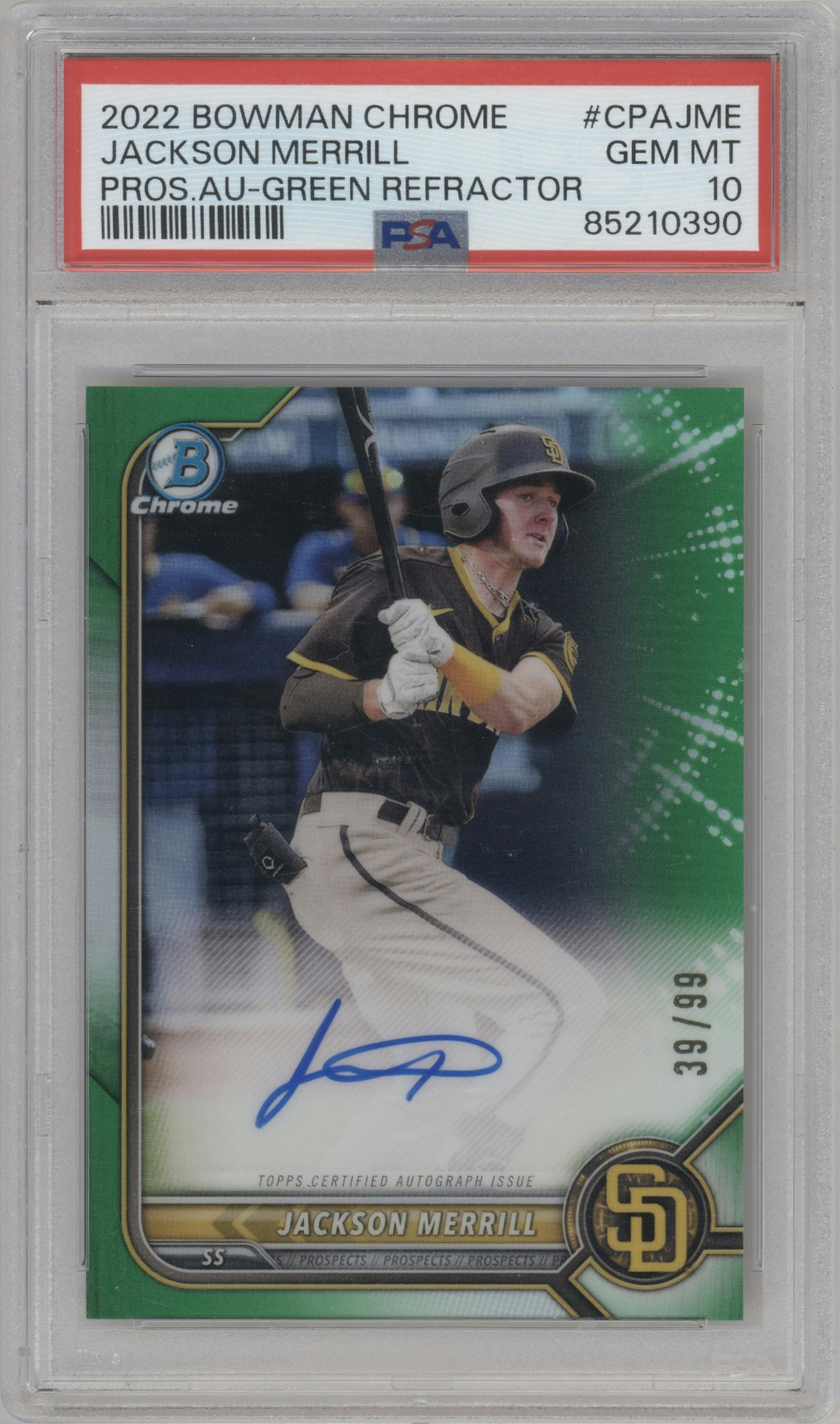 Jackson Merrill from the 2022 Bowman Chrome set featuring a Green Refractor parallel graded by PSA and given an overall grade of 10.