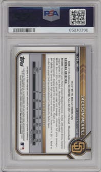 Jackson Merrill from the 2022 Bowman Chrome set featuring a Green Refractor parallel graded by PSA and given an overall grade of 10.