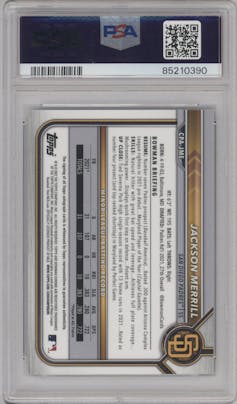 Jackson Merrill from the 2022 Bowman Chrome set featuring a Green Refractor parallel graded by PSA and given an overall grade of 10.