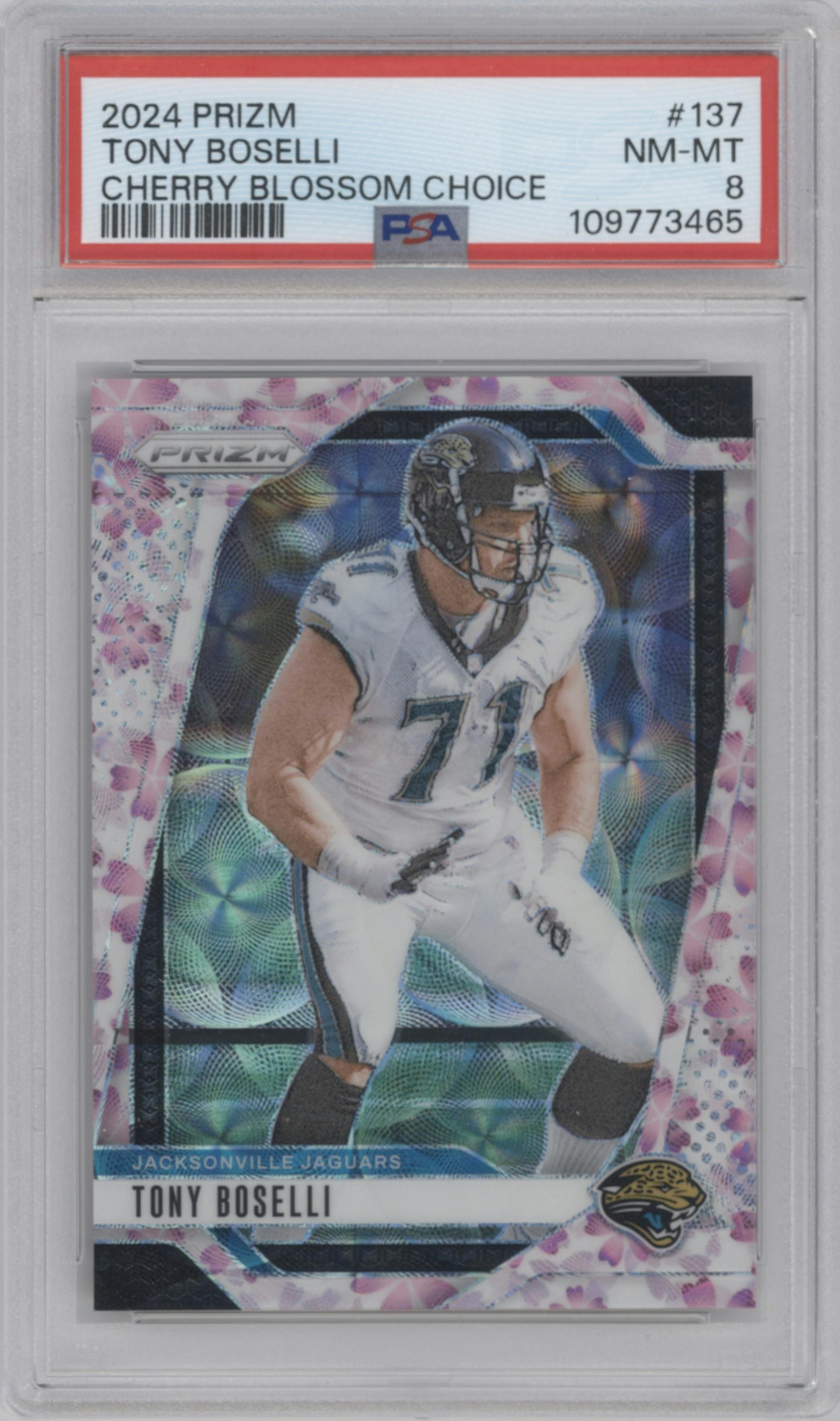 Tony Boselli   from the 2024 Panini Prizm set featuring a Choice Cherry Blossom Prizm parallel graded by PSA and given an overall grade of 8.