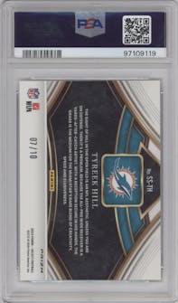 Tyreek Hill from the 2023 Panini Select set featuring a Gold Prizm parallel graded by PSA and given an overall grade of 10.