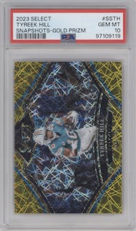 Tyreek Hill from the 2023 Panini Select set featuring a Gold Prizm parallel graded by PSA and given an overall grade of 10.