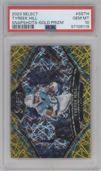 Tyreek Hill from the 2023 Panini Select set featuring a Gold Prizm parallel graded by PSA and given an overall grade of 10.