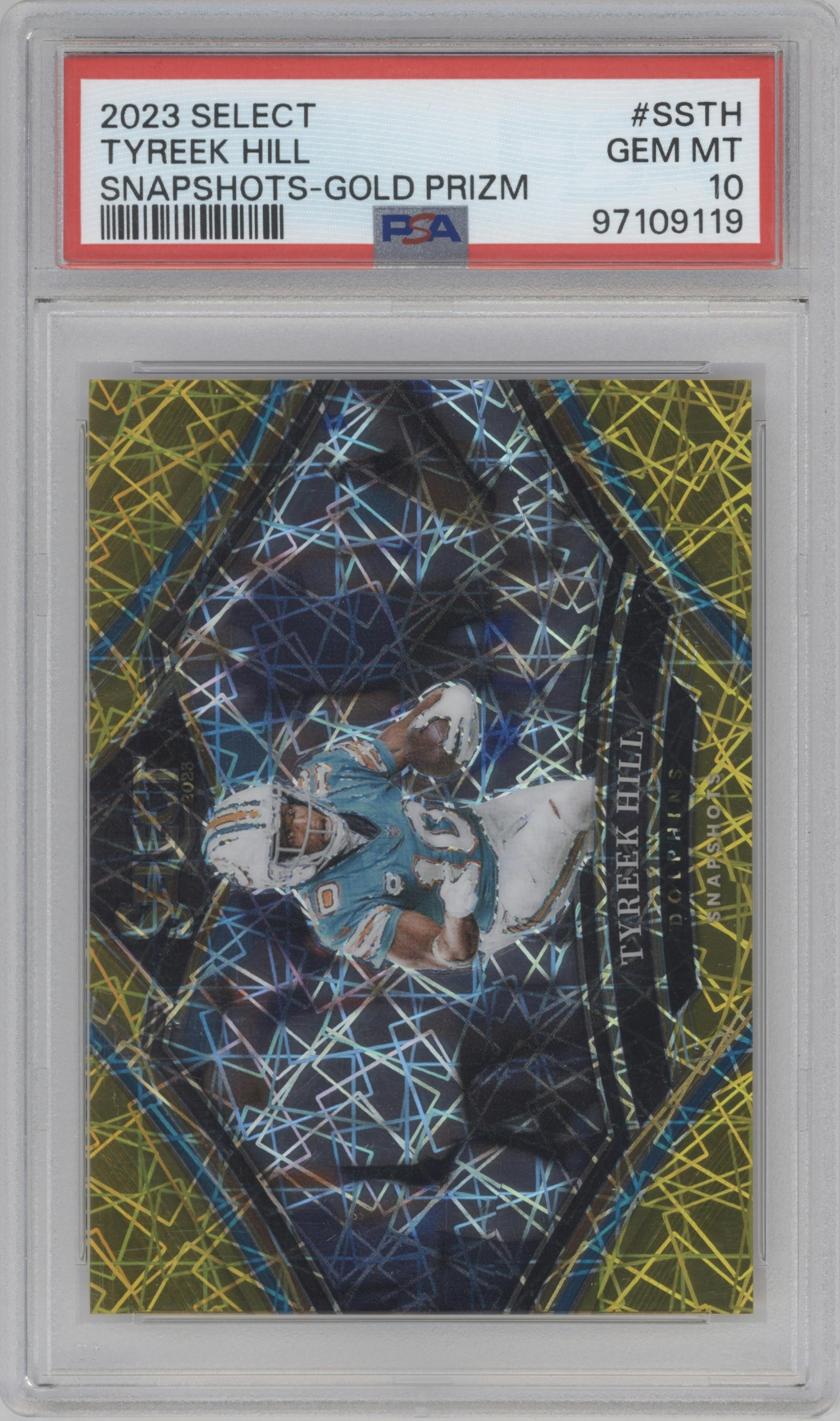 Tyreek Hill from the 2023 Panini Select set featuring a Gold Prizm parallel graded by PSA and given an overall grade of 10.