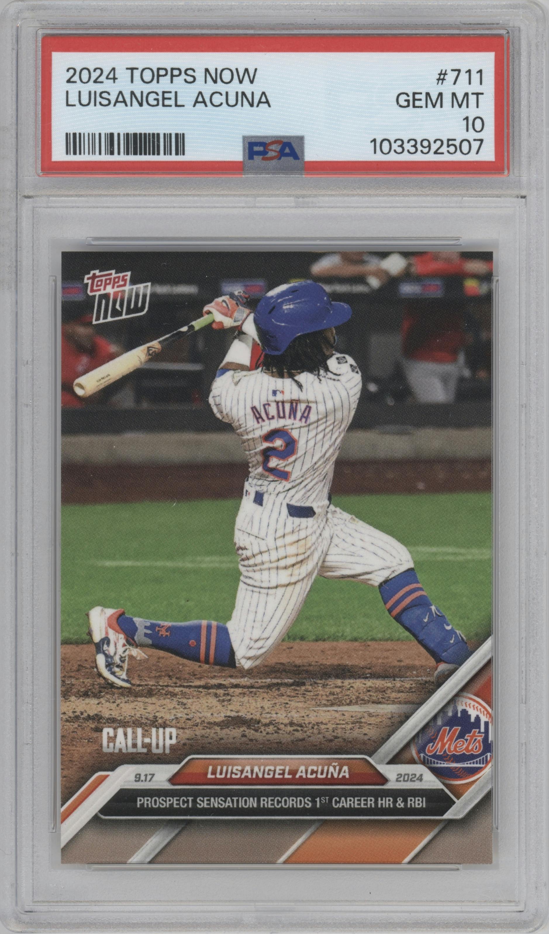 Luisangel Acuna from the 2024 Topps Now set graded by PSA and given an overall grade of 10.