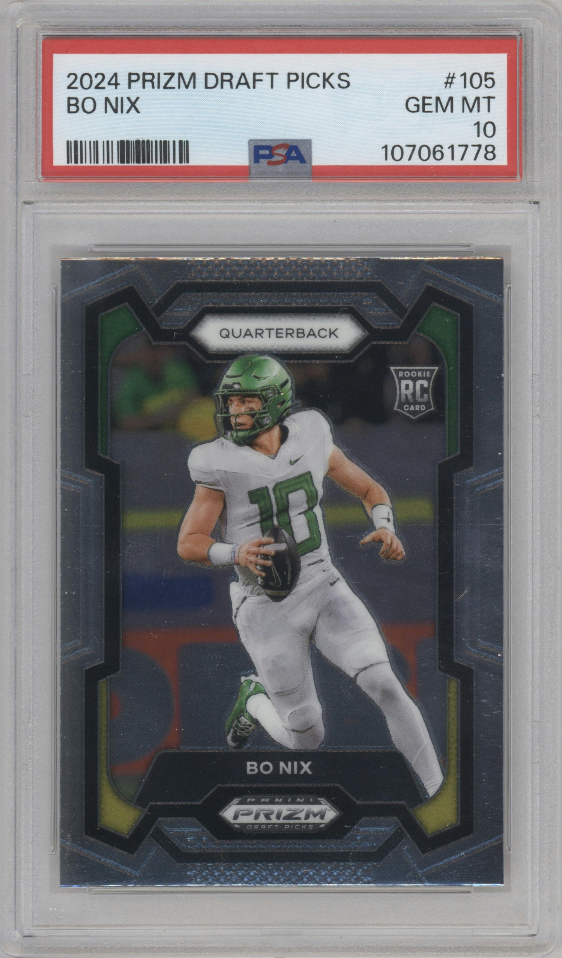 Bo Nix  from the 2024 Panini Prizm Draft Picks set graded by PSA and given an overall grade of 10.