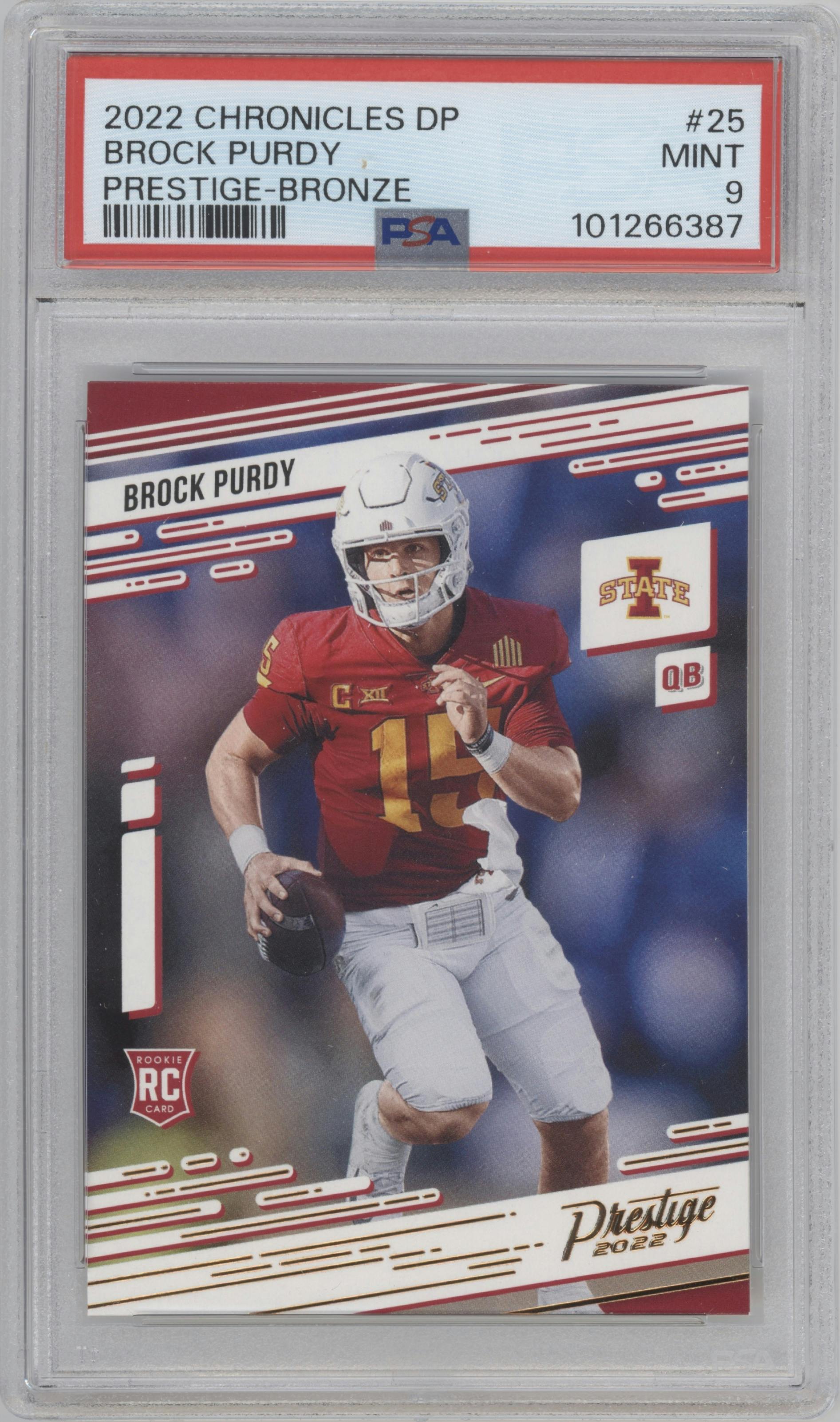 Brock Purdy from the 2022 Panini Chronicles Draft Picks set featuring a Bronze parallel graded by PSA and given an overall grade of 9.