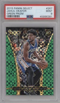 Jahlil Okafor from the 2015-16 Panini Select  set featuring a Green Prizm parallel graded by PSA and given an overall grade of 9.