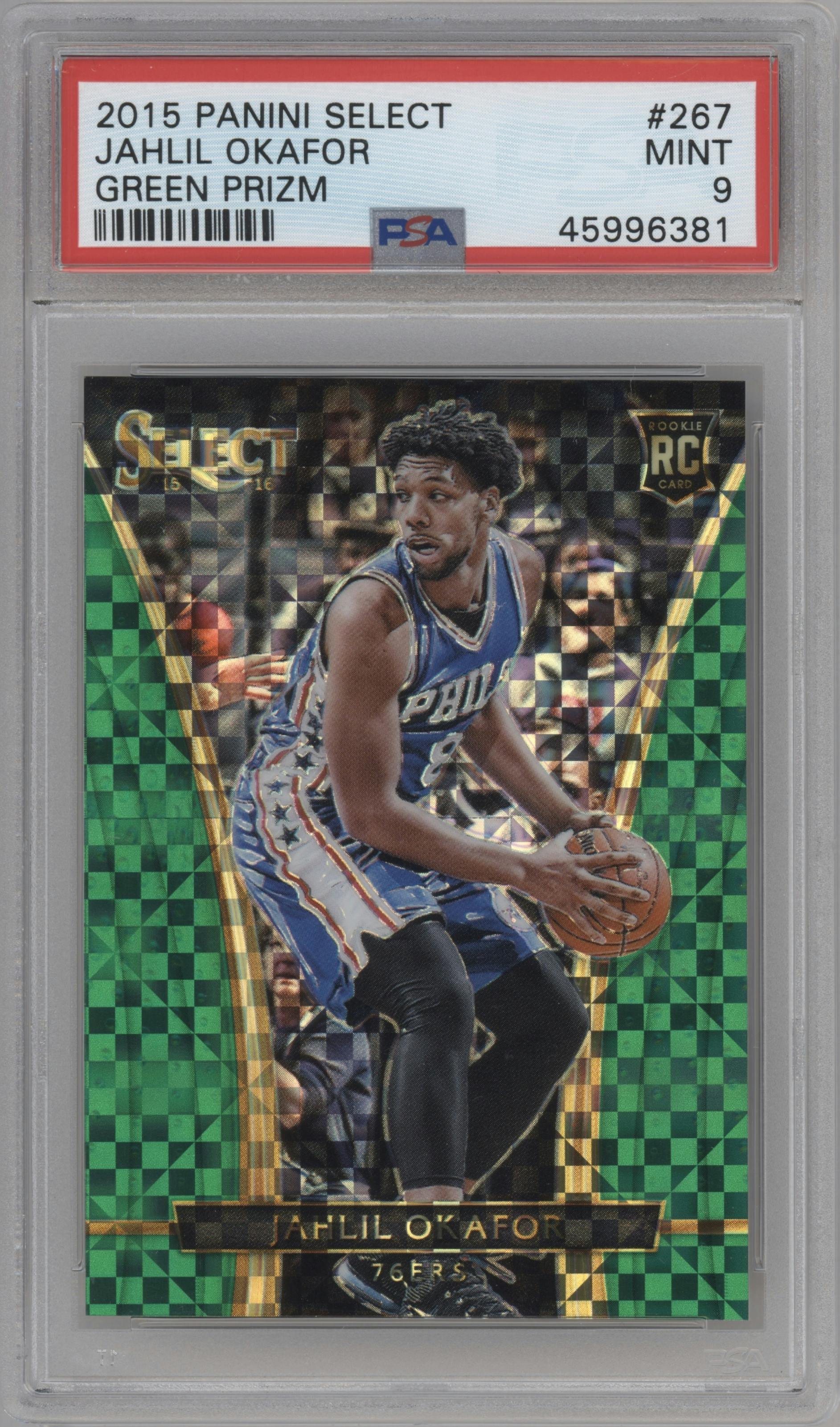 Jahlil Okafor from the 2015-16 Panini Select  set featuring a Green Prizm parallel graded by PSA and given an overall grade of 9.