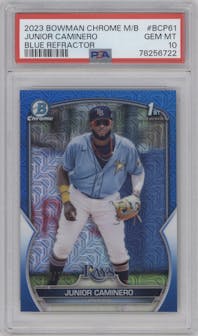 Junior Caminero from the 2023 Bowman Mega Box set featuring a Blue Refractor parallel graded by PSA and given an overall grade of 10.