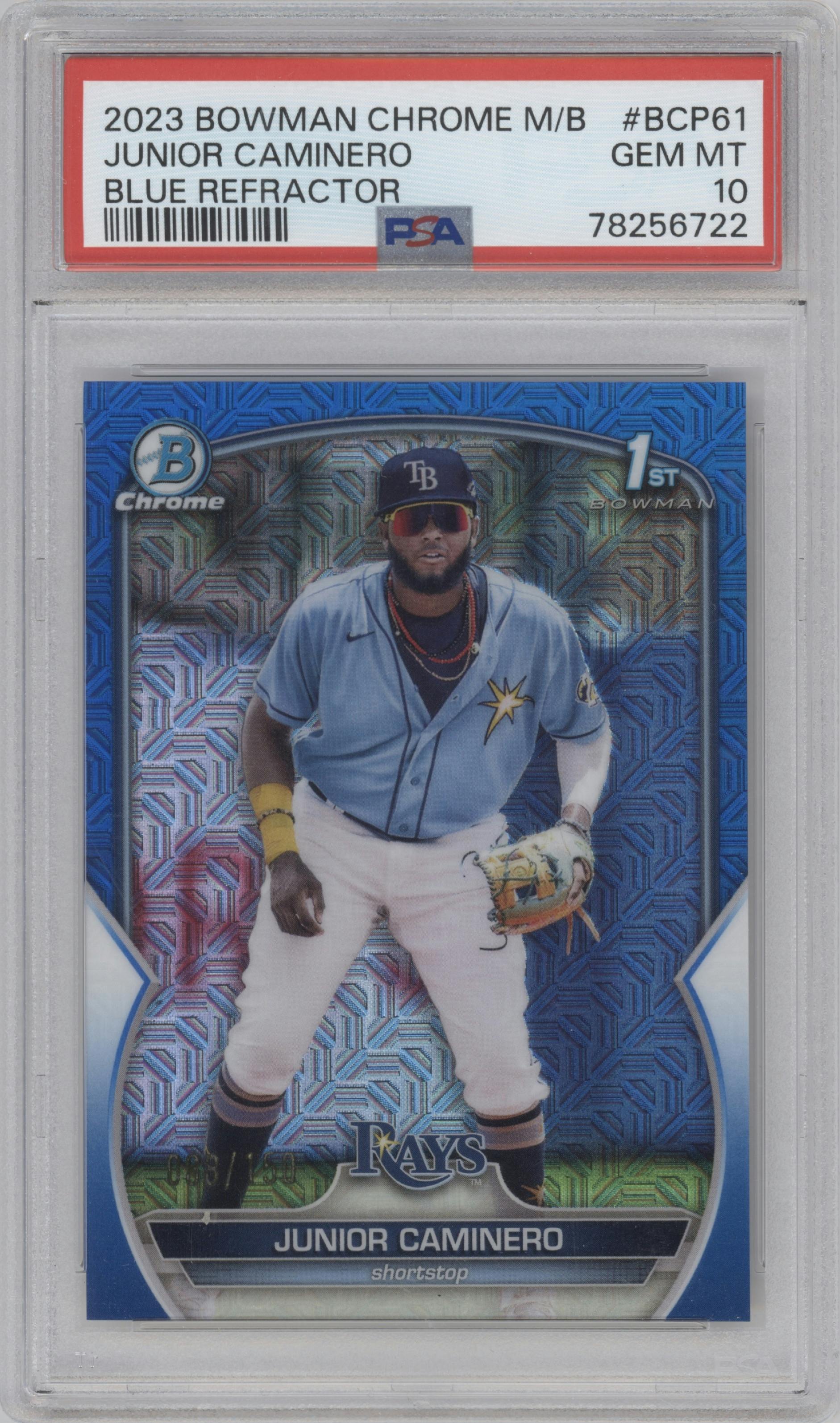 Junior Caminero from the 2023 Bowman Mega Box set featuring a Blue Refractor parallel graded by PSA and given an overall grade of 10.