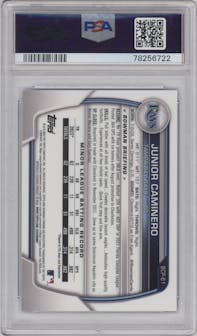 Junior Caminero from the 2023 Bowman Mega Box set featuring a Blue Refractor parallel graded by PSA and given an overall grade of 10.