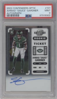 Ahmad "Sauce" Gardner from the 2022 Panini Contenders Optic set graded by PSA and given an overall grade of 9.