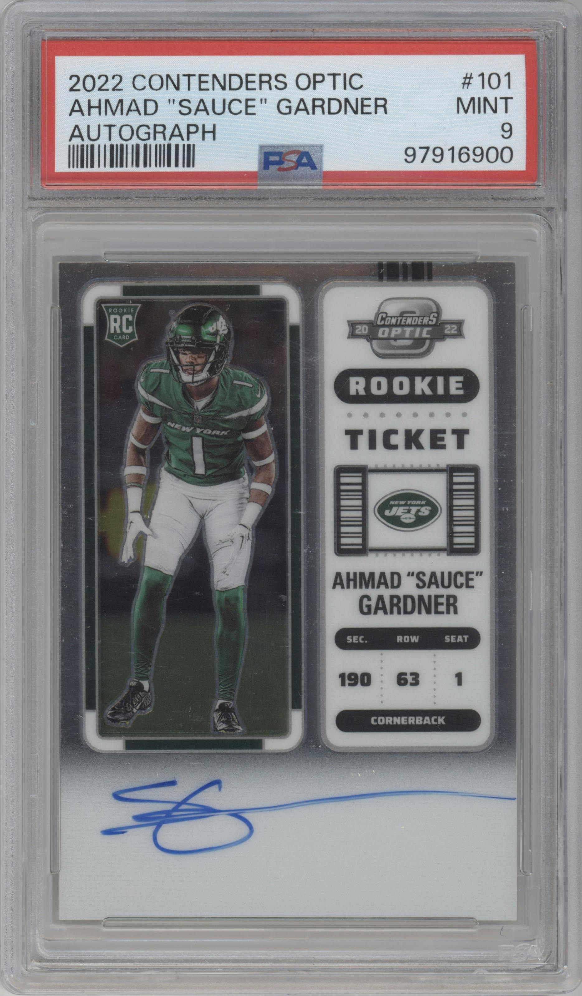 Ahmad "Sauce" Gardner from the 2022 Panini Contenders Optic set graded by PSA and given an overall grade of 9.