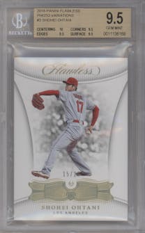 Shohei Ohtani from the 2018 Panini Flawless set graded by Beckett and given an overall grade of 9.5.