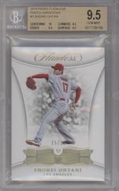 Shohei Ohtani from the 2018 Panini Flawless set graded by Beckett and given an overall grade of 9.5.