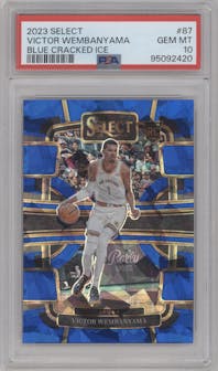 Victor Wembanyama from the 2023-24 Panini Select  set featuring a Blue Cracked Ice parallel graded by PSA and given an overall grade of 10.