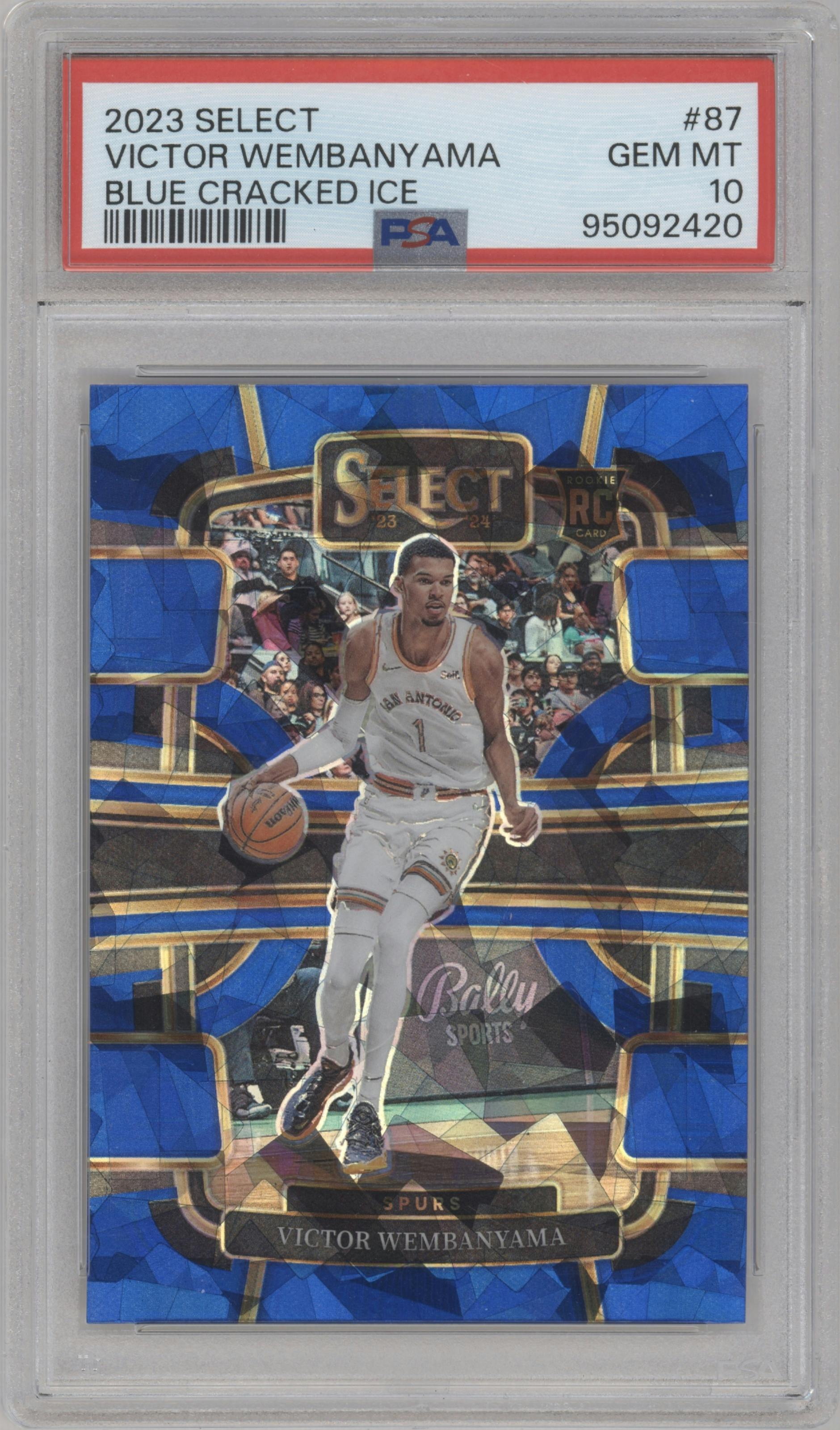 Victor Wembanyama from the 2023-24 Panini Select  set featuring a Blue Cracked Ice parallel graded by PSA and given an overall grade of 10.