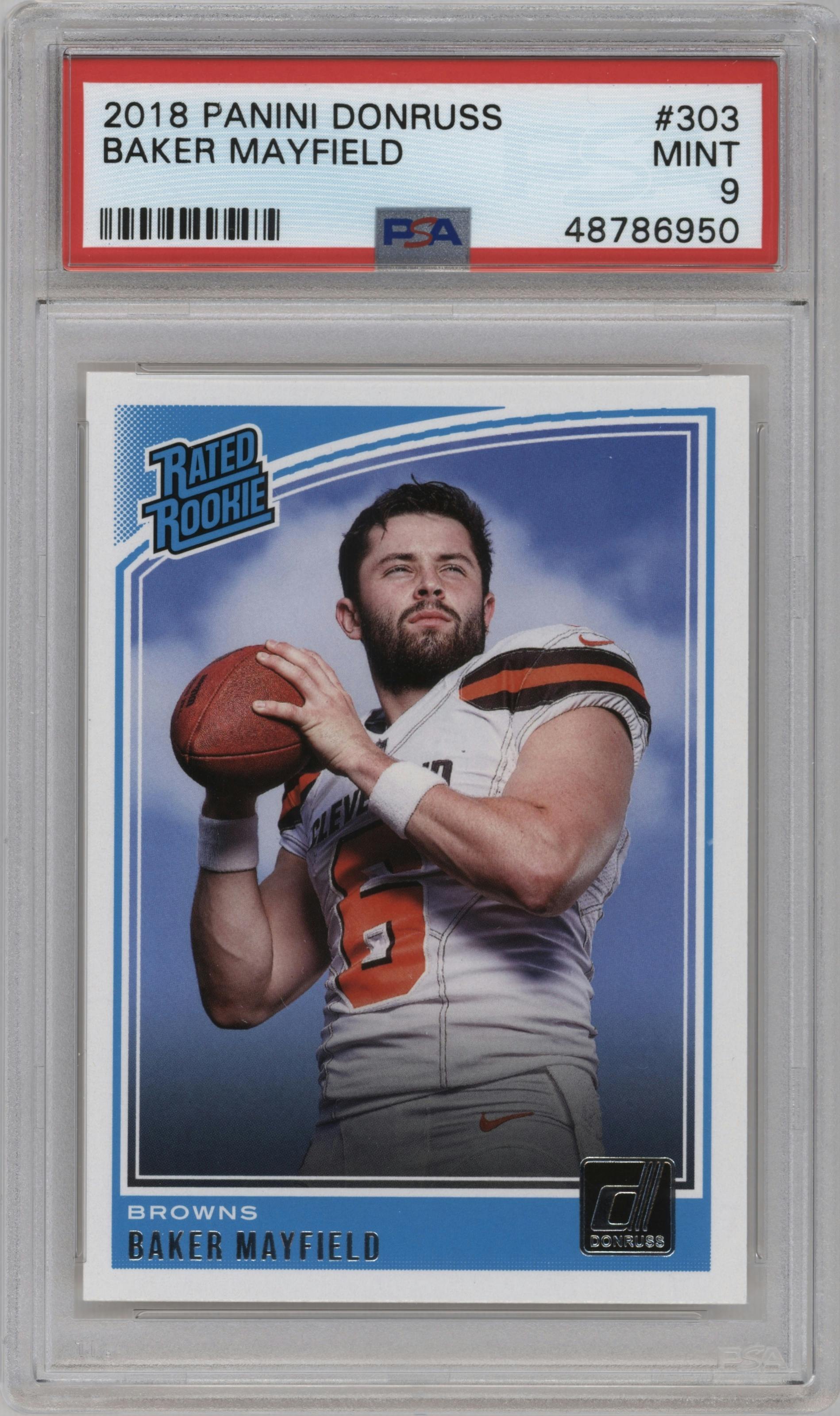 Baker Mayfield from the 2018 Panini Donruss set graded by PSA and given an overall grade of 9.