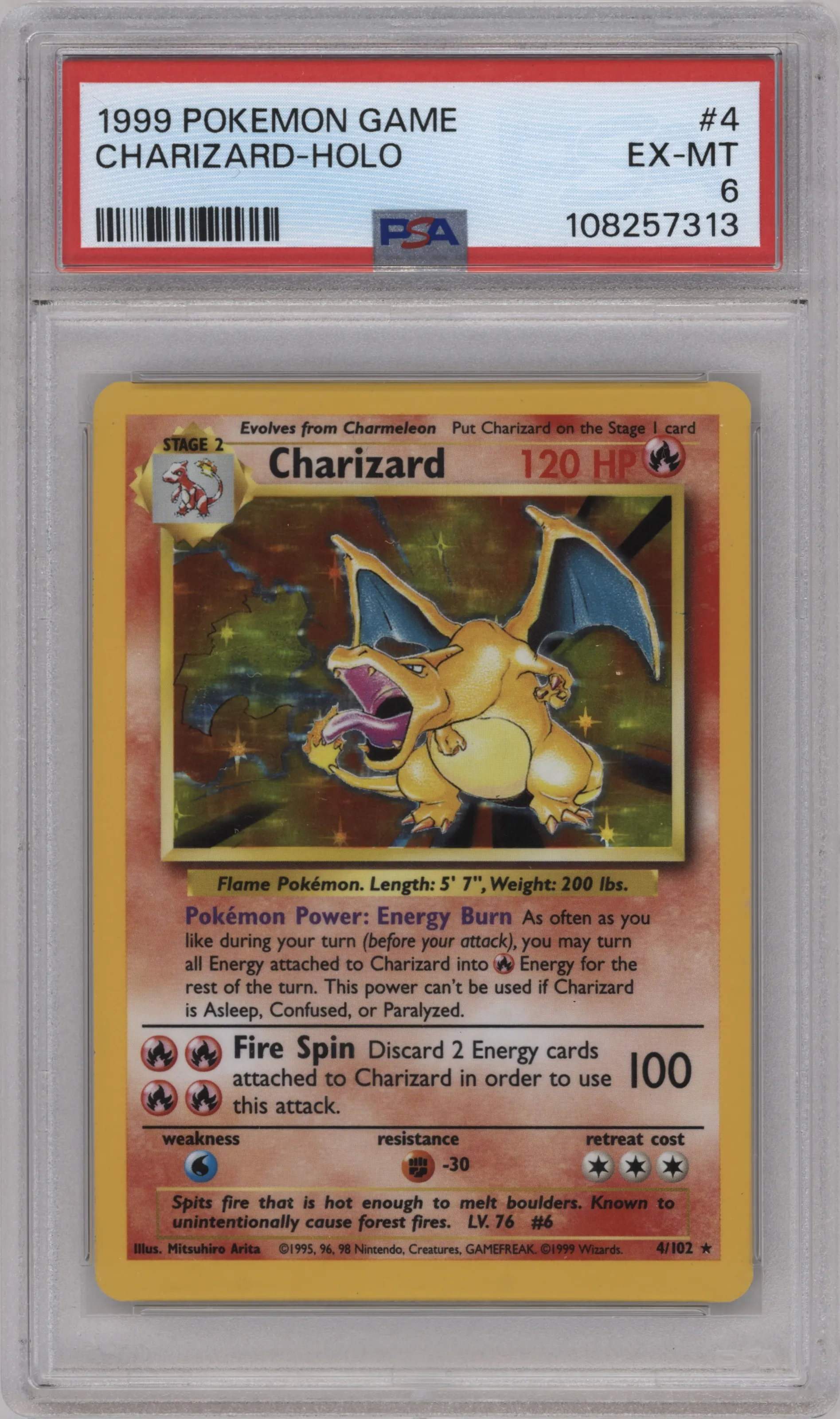 Charizard from the 1999 Pokemon set graded by PSA and given an overall grade of 6.