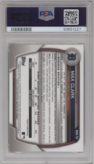 Max Clark from the 2023 Bowman Draft set featuring a Refractor parallel graded by PSA and given an overall grade of 10.