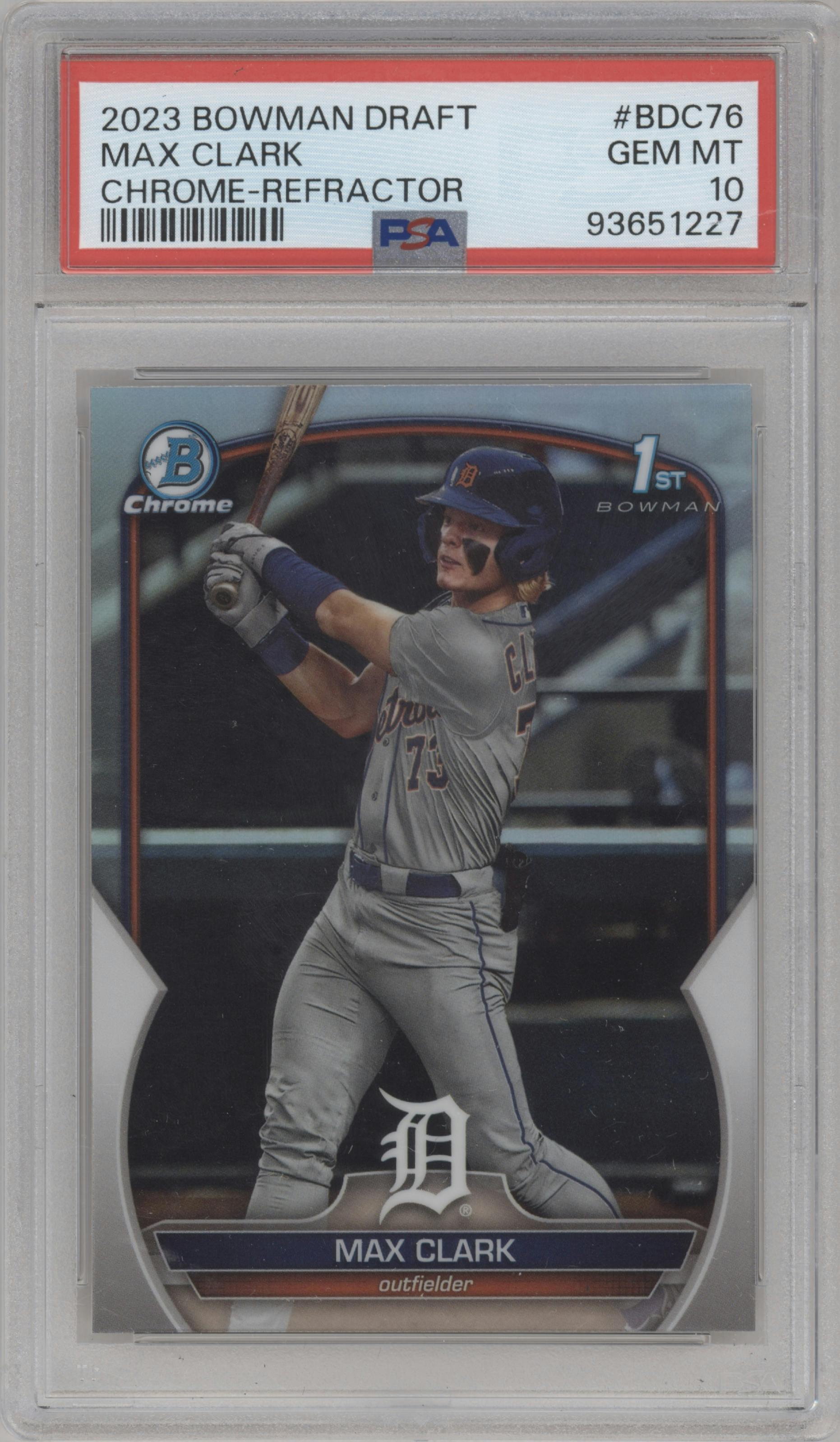 Max Clark from the 2023 Bowman Draft set featuring a Refractor parallel graded by PSA and given an overall grade of 10.