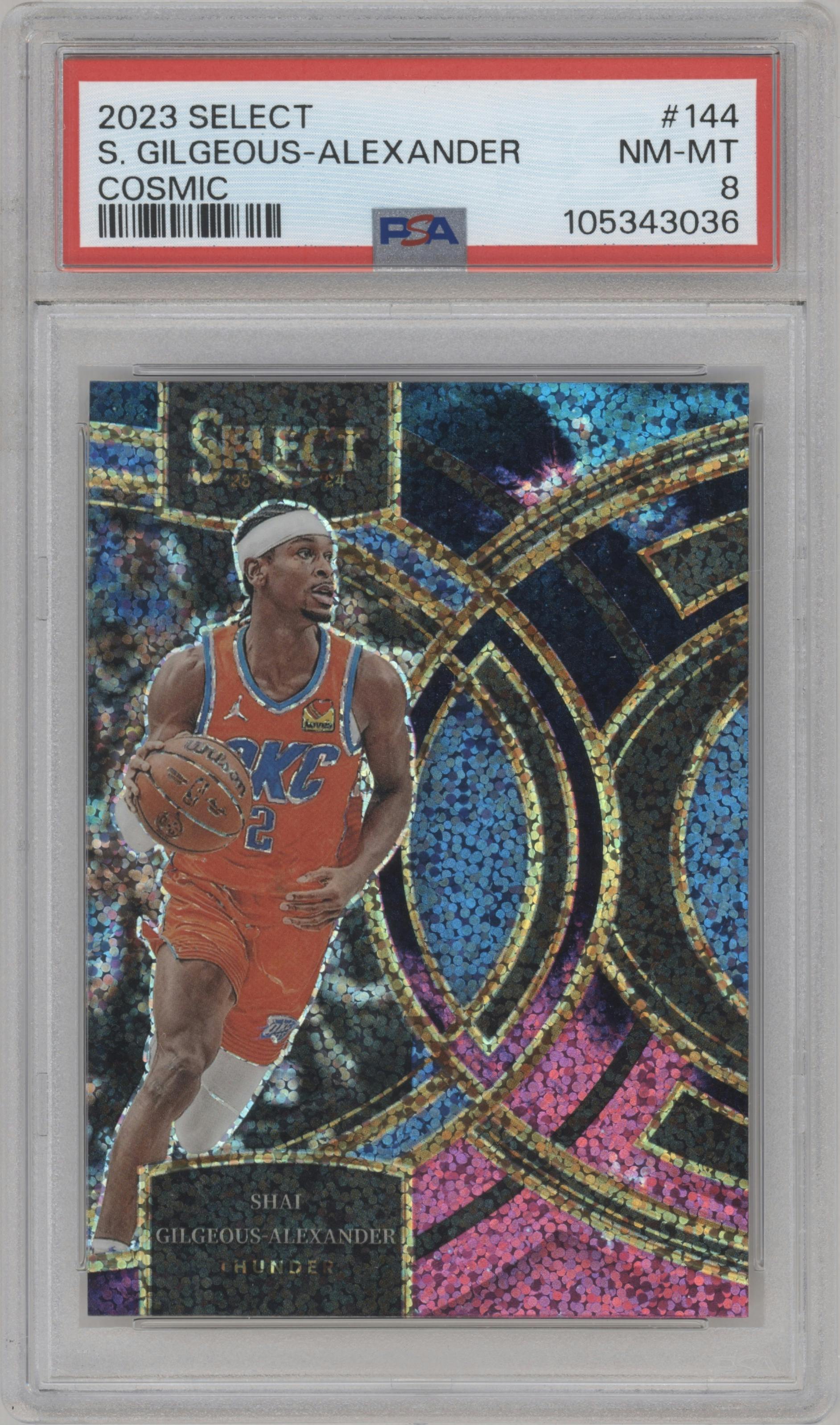 Shai Gilgeous-Alexander from the 2023-24 Panini Select  set featuring a Cosmic  parallel graded by PSA and given an overall grade of 8.