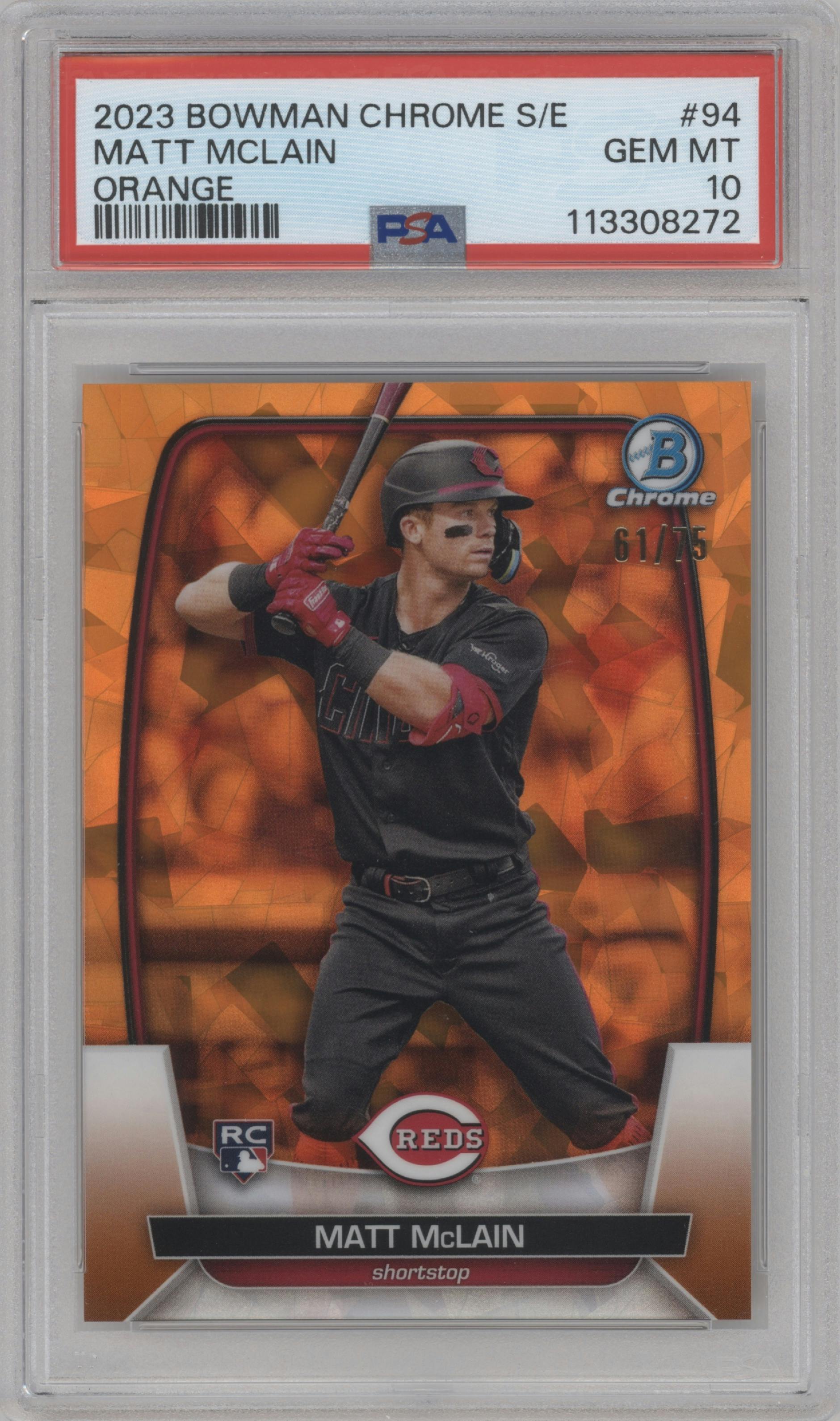 Matt McLain from the 2023 Bowman Chrome Sapphire Edition set featuring a Orange parallel graded by PSA and given an overall grade of 10.