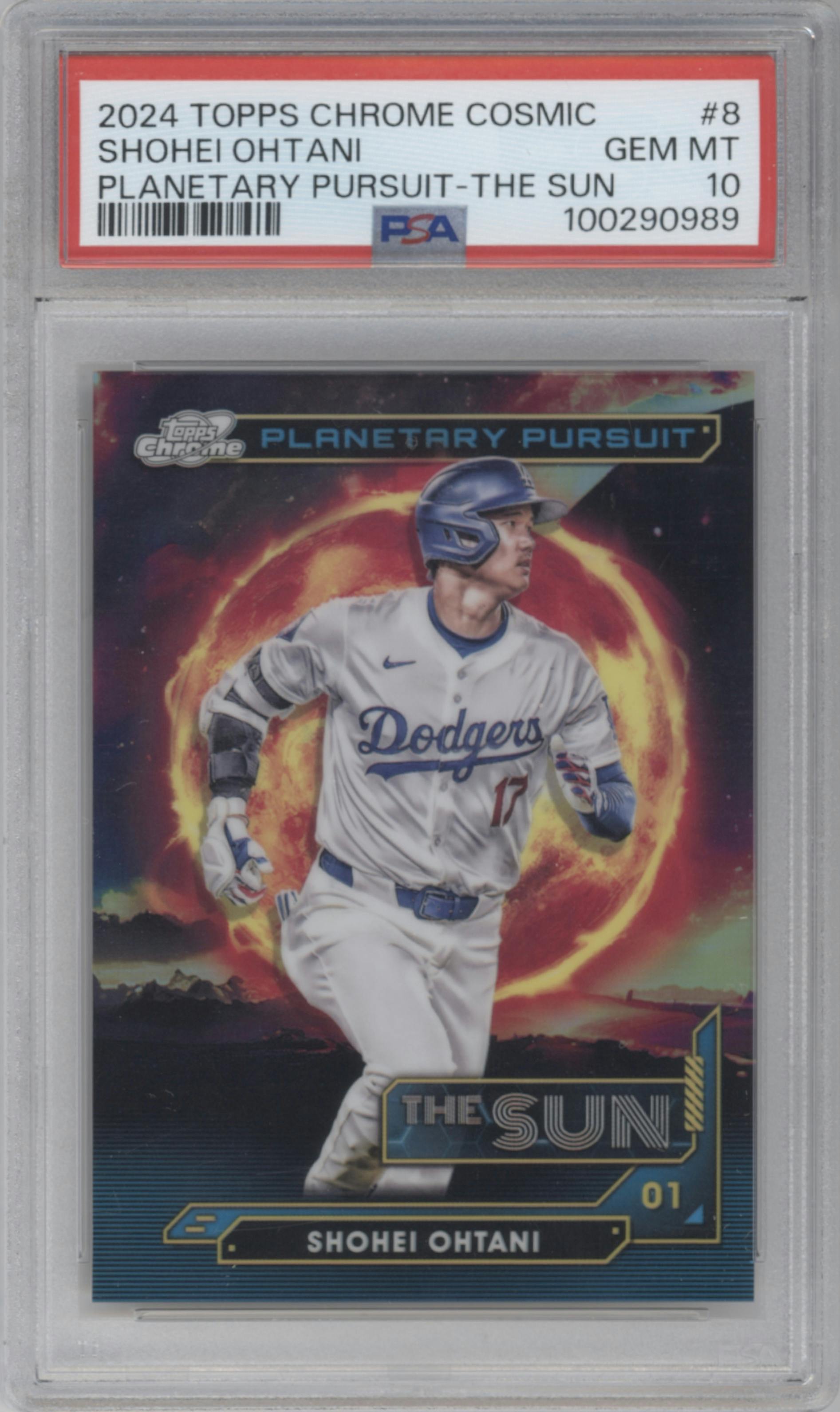 Shohei Ohtani from the 2024 Topps Cosmic Chrome set graded by PSA and given an overall grade of 10.