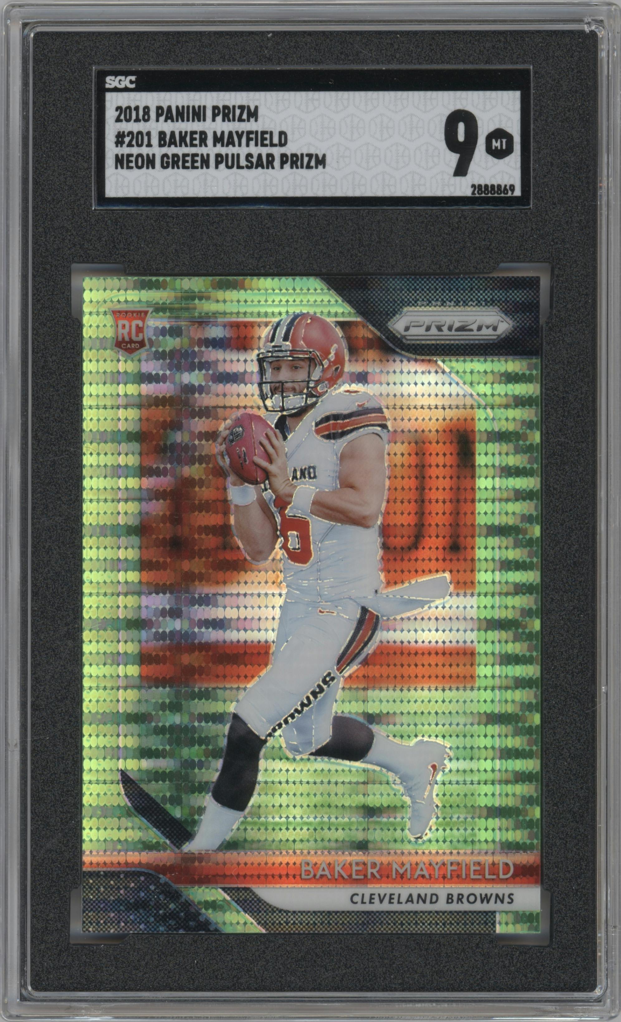 Baker Mayfield from the 2018 Panini Prizm set featuring a Neon Green Pulsar parallel graded by SGC and given an overall grade of 9.
