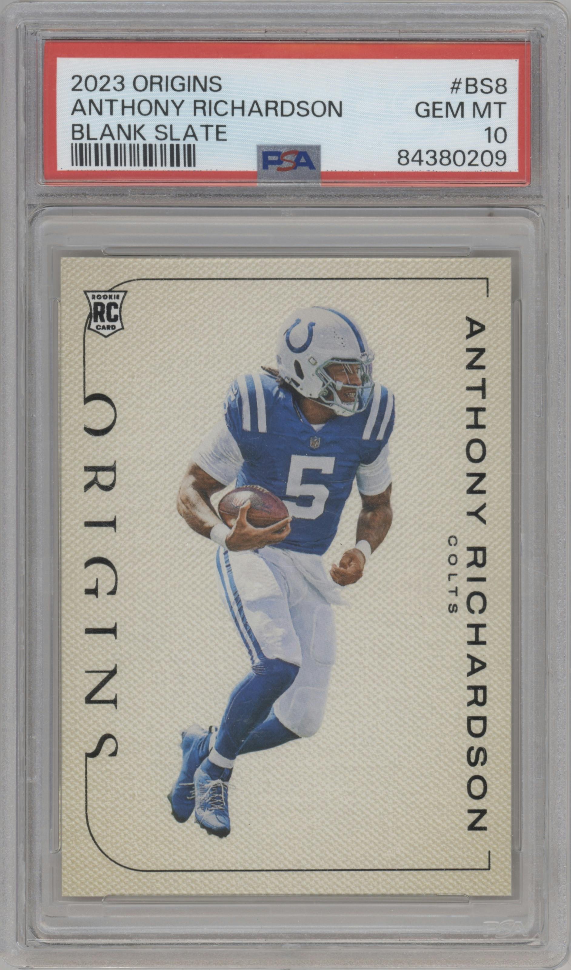 Anthony Richardson from the 2023 Panini Origins set graded by PSA and given an overall grade of 10.