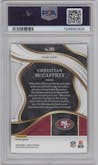 Christian McCaffrey from the 2023 Panini Select set featuring a Die-Cut Zebra parallel graded by PSA and given an overall grade of 10.