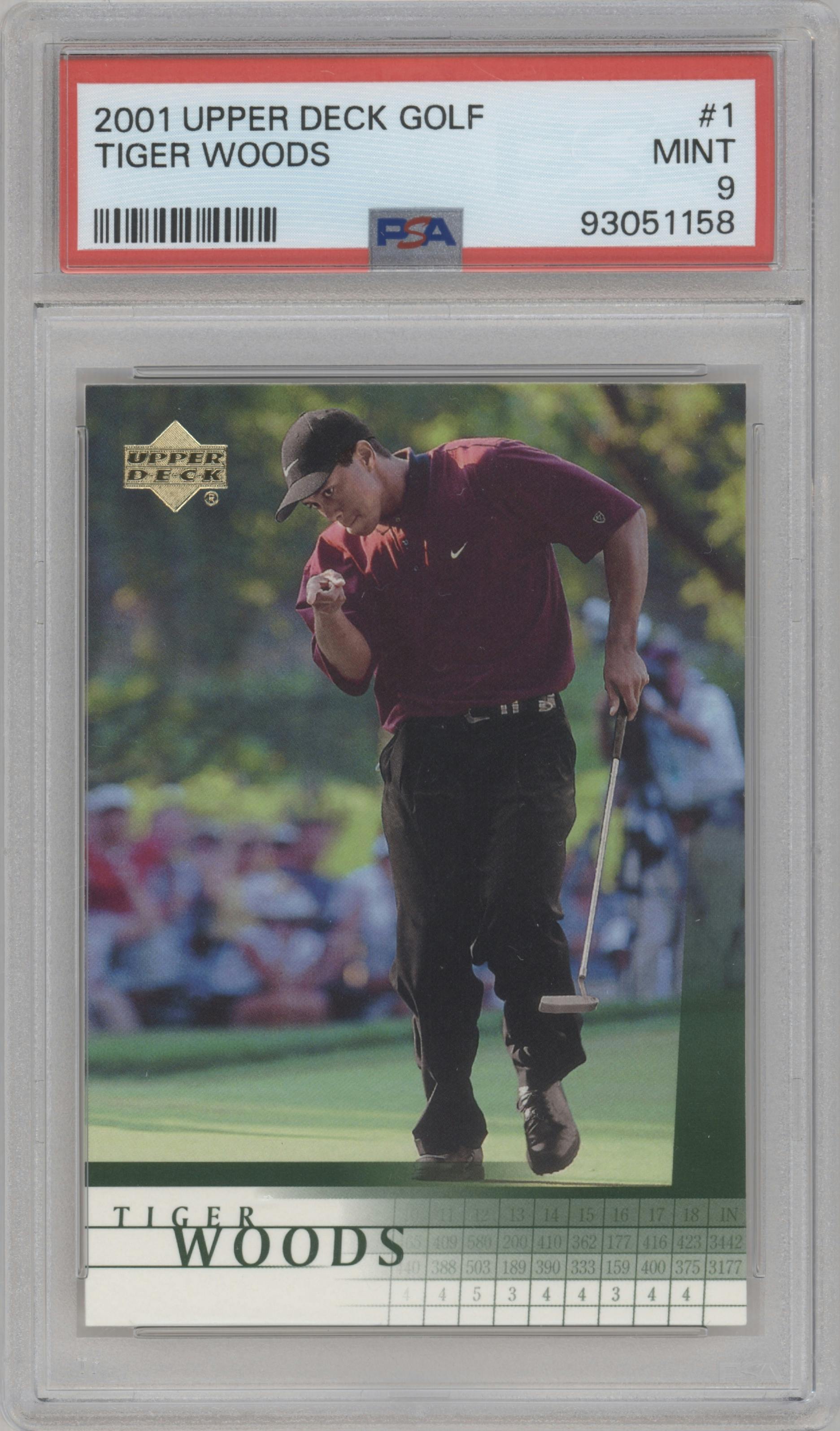 Tiger Woods from the 2001 Upper Deck set graded by PSA and given an overall grade of 9.