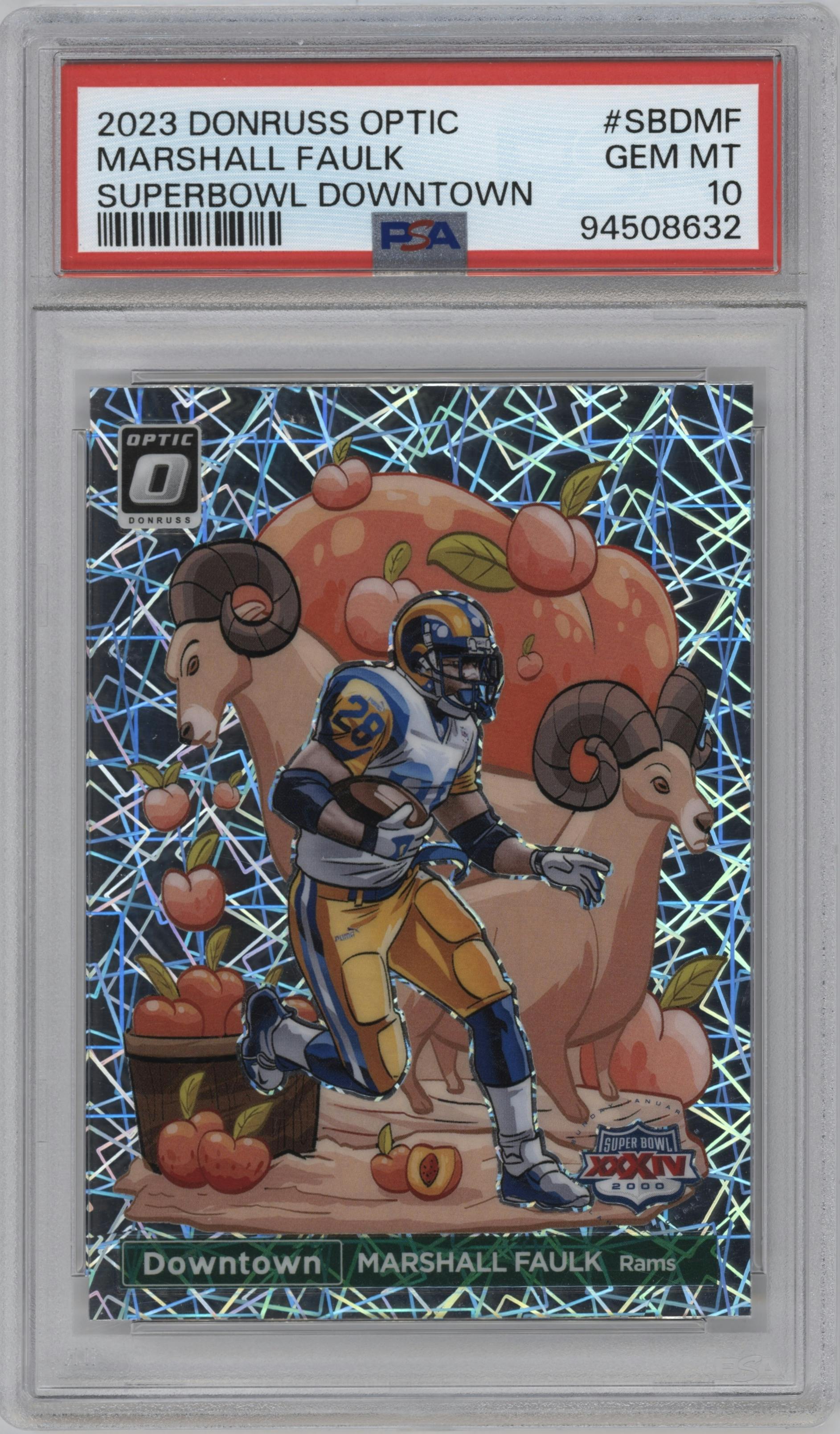 Marshall Faulk from the 2023 Donruss Optic set graded by PSA and given an overall grade of 10.